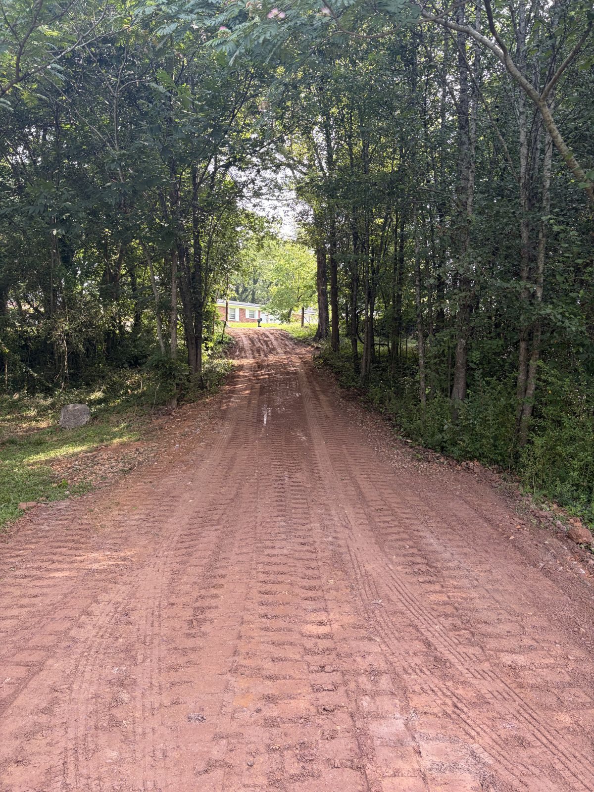 Freshly graded red clay driveway cut through the woods to a home near Rome, Georgia