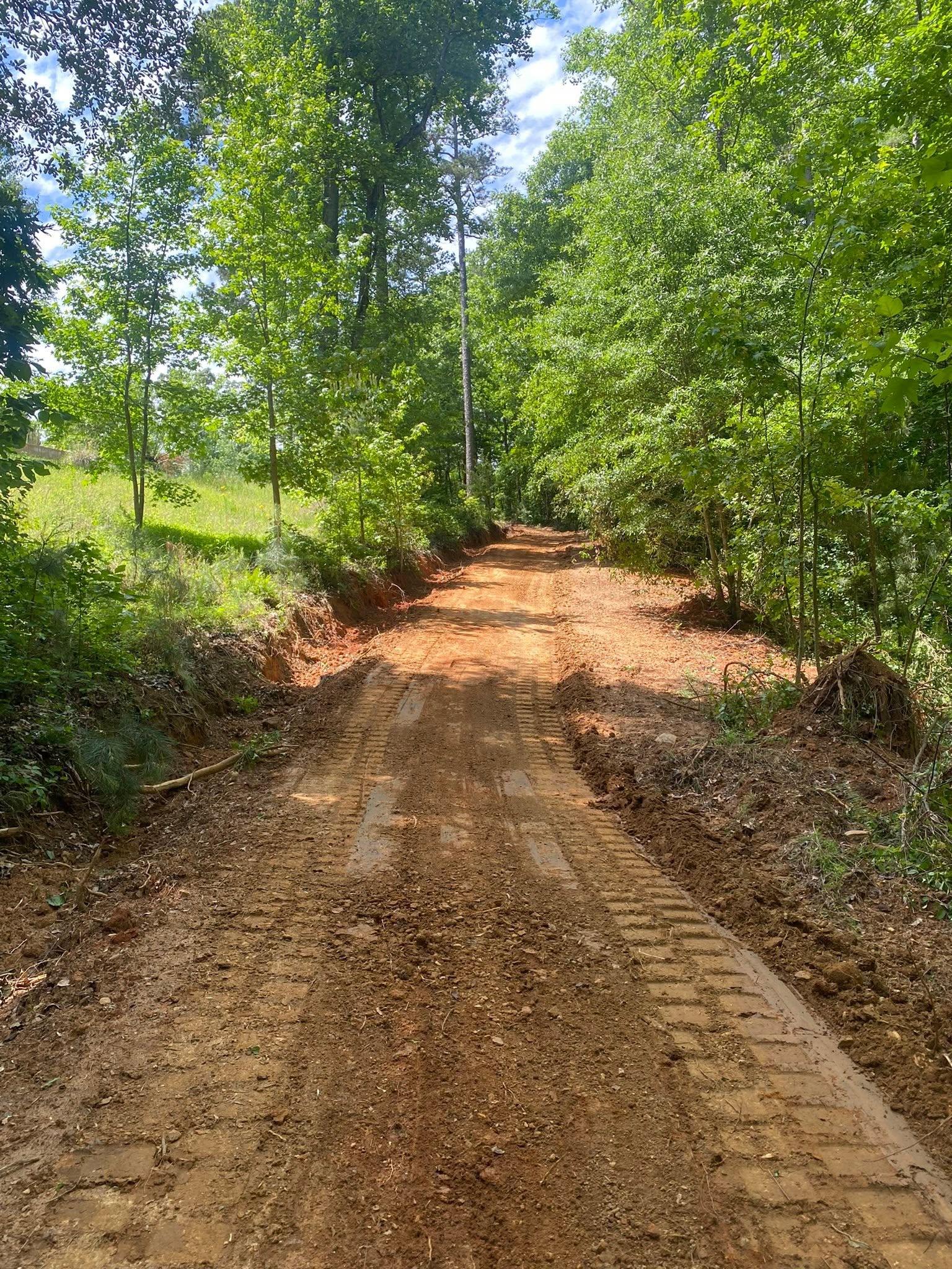Finished graded dirt driveway curving through cleared land
